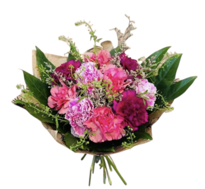 With Love - A simple yet unique bouquet made of carnations, limonium, thlaspi & aralia. Colorful yet simple and sure to make your loved one feel appreciated and cherished. The small option comes with carnations, X 10, - the first photo is of the small option, 2nd option is of the medium size which contains 17 carnations & large 24 carnations. Colours of carnations will vary according to availability