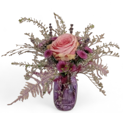 Just For You - A miniature design in a small glass vase containing a single rose together with a mix of fresh and dry fillers and foliage that is sure to please the recipient. Colour of vase a rose may vary due to availability. vase size: 6cm X 10 cm