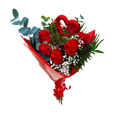 6 Roses bouquet - his charming bouquet features 6 handpicked roses, beautifully complemented by lush foliage, delicate fillers, and a decorative heart pick. Hand-tied with care and wrapped in elegant paper, it’s the perfect blend of simplicity and romance.
