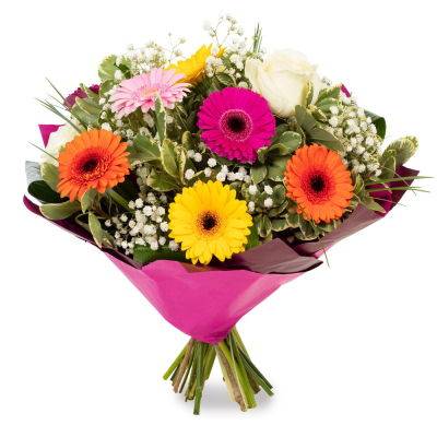 Good Vibes - Add a splash of color to any occasion with this vibrant Bright Gerbera Bouquet. Featuring an array of cheerful gerberas in stunning shades of yellow, orange, pink, and magenta, this bouquet radiates happiness and positivity. Accentuated with elegant white roses, delicate filler flowees like baby's breath or limonium, and lush green foliage, this arrangement is a delightful mix of bold and soft tones.

Perfectly hand-tied and wrapped in vibrant pink paper, the Bright Gerbera Bouquet is ideal for birthdays, celebrations, or simply brightening someone’s day. Its fresh and lively design makes it a versatile gift for any occasion, guaranteed to bring smiles and joy. This bouquet does not come in a vase.

Expertly crafted by skilled florists, this bouquet combines the beauty of nature with a touch of elegance. Share the gift of cheer and happiness with the Bright Gerbera Bouquet, a perfect expression of love and appreciation.