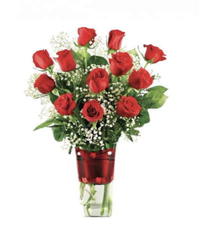 12 Roses in a Vase - Express your deepest emotions with this Classic Red Rose Bouquet, a timeless arrangement that embodies love, passion, and admiration. Featuring a dozen velvety red roses, elegantly arranged with delicate baby's breath and lush greenery, this bouquet is a perfect symbol of romance and beauty.

Handcrafted with care, each rose is selected for its vibrant color and fresh quality, ensuring a stunning display. The addition of baby's breath or other filler flowers enhances the bouquet's charm, while the greenery provides a natural, balanced touch. Presented in a sleek red wrap, the bouquet is ideal for Valentine’s Day, anniversaries, or any moment when you want to make someone feel truly special.

This arrangement comes ready to impress, with its simplicity and elegance speaking volumes. Whether you're celebrating love or expressing heartfelt sentiments, this bouquet is guaranteed to leave a lasting impression on your special someone. This bouquet comes in a glass vase.