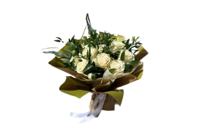 Serene Beauty - A timeless bouquet that speaks of elegance and purity. This bouquet   a refined selection of white roses, accented with lush greenery and presented in layered kraft wrapping, finished with a satin ribbon. Perfect for marking life’s most cherished moments, this bouquet is a classic expression of love, gratitude, or remembrance—sophisticated yet effortlessly graceful. Photo is of a 12 rose bouquet (small size)  - Medium 18 rose bouquet and Large 24 rose bouquet