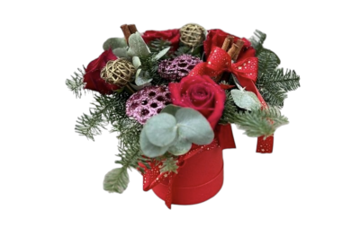 Holiday Embrace - Wrap someone special in the warmth of the season with Holiday Embrace, a festive hat box arrangement designed to spread joy, comfort, and Christmas cheer.
Presented in a rich red 12 × 12 cm hat box, this compact yet luxurious piece features elegant red roses, soft eucalyptus, festive evergreen foliage, sparkling decorative lotus pods, natural wicker balls, and aromatic cinnamon sticks. Finished with a charming red star-print ribbon, it captures all the coziness and magic of Christmas in one heartfelt gift.
Perfect as a thoughtful present, a desk or table accent, or a seasonal gesture of love and appreciation.