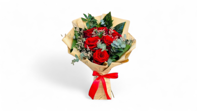 Perfect Love - This handcrafted bouquet features premium red roses, delicately arranged with limonium —a charming dry flower that adds texture and character. The arrangement is complemented by a mix of lush green foliage, carefully selected to enhance the natural beauty of the roses. Perfectly wrapped with a touch of elegance, this bouquet is ideal for expressing love, admiration, or appreciation